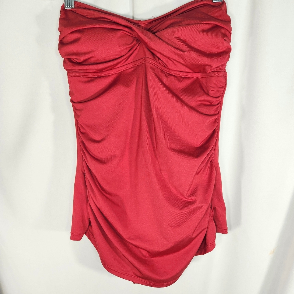 Jantzen Red Strapless Ruched Sides Tie Back Skirted One Piece Swim Suit Medium
